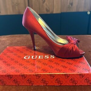 Guess Red Satin Peep Toe Pumps